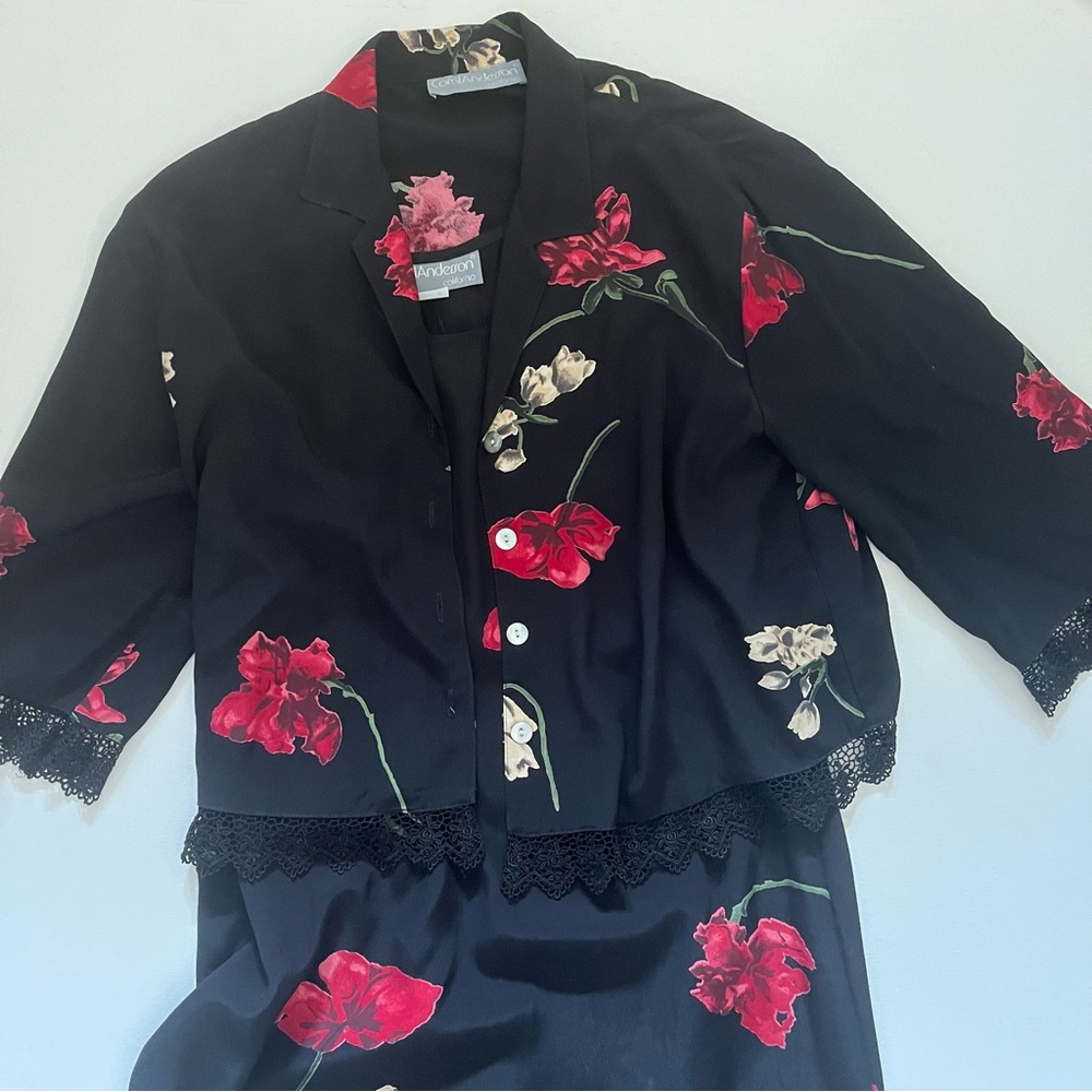Vintage Carol Anderson Black Floral Two Piece Dress & Jacket set size medium